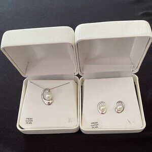 Freshwater Pearls  Necklace & Earrings.  Set in Sterling Silver.